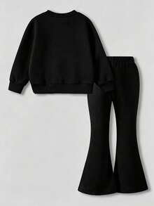 Girls Simple Fashion Letter Print Black Top And Black Pants Sports Set, Autumn/Winter - Black - View 3