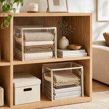 Foldable Round Transparent Storage Basket, Square Visual Storage Bin With Handle, Clothes And Towel Organizer Bucket, Home Wardrobe Living Room Bathroom Desktop Organizer Basket, Suitable For Books, Toys, Clothes, Cabinet, Item Organization And Storage - Transparent Beige - View 2
