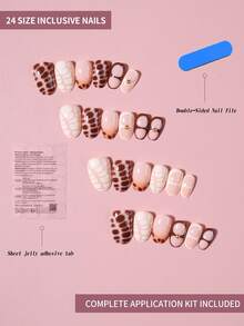 24pcs Y2K Short Oval Leopard & Brown French Tip Acrylic Press-On Nails, Gold Pearl Design, Perfect Fit Fake Nail Set, Includes 1pc Jelly Glue And 1pc Nail File, Suitable For Women And Girls Daily And Party Use - Multicolor - View 4