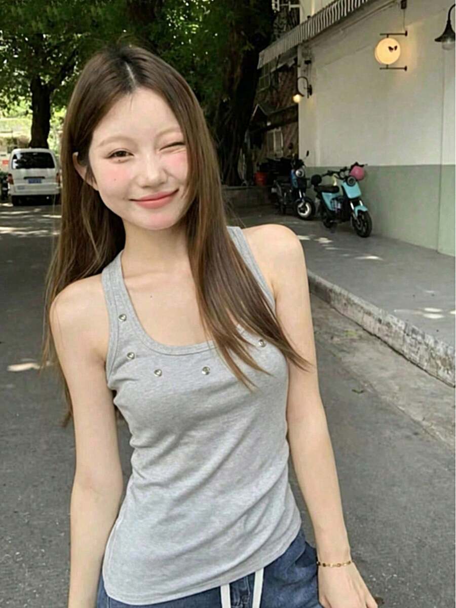 性感春夏U領細肩帶背心上衣,修身剪裁,無袖針織休閒上衣 - 灰色 - 查看 1