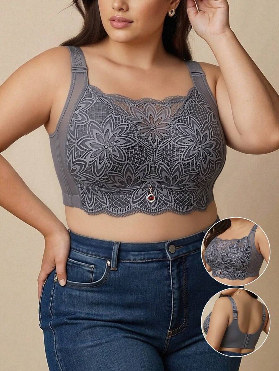 Plus Size Full Coverage Wireless Push-Up Bra, Minimizing Large Bust, Side-Smoothing, Anti-Sagging, Adjustable, Ultra-Thin, Anti-Exposure, Sexy Lace Bandeau Lingerie For Women - Dusty Purple - View 1