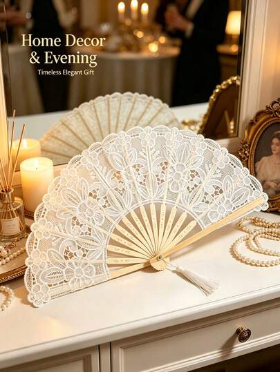 3 Colors Elegant Hollow Floral Lace Folding Hand Fan With Tassels, Lightweight Foldable Bamboo Fan, Ladies Retro Ornament, Perfect For Wedding, Tea Party, Gothic Lolita, Beach & Aesthetic Photoshoot