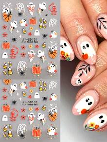 5D Embossed Clear Base Halloween Nail Stickers, Cute Ghost Pumpkin Skull Bat Spider Floral Self-Adhesive Nail Art Decals, Spooky Gothic Manicure Decorations For Halloween Party DIY Nail Supplies For Women Girls Acrylic Nails - Multicolor - View 3