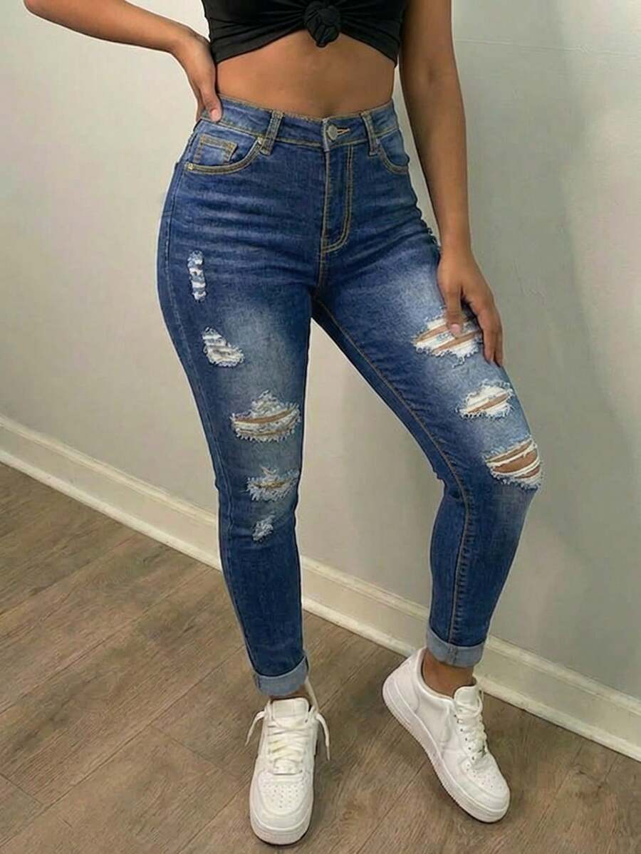 Women's Autumn Fashion Distressed Skinny Jeans - Dark Wash - View 1
