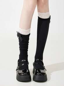 1/2 Pairs French Girl Lace Ruffle Bow Mid-Calf Socks, Sweet Preppy Style, Back To School Outfit - Multicolor - View 15