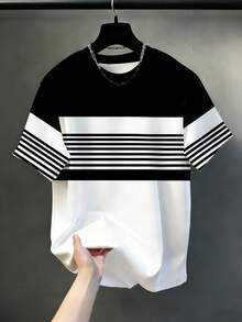 Set 2pcs Kaos Lengan Pendek Leher Bulat Bergaris Horizontal Hitam & Putih Ukuran Besar untuk Pria dan Celana Jogger Tali Serut Hitam Polos untuk Musim Panas - Hitam dan Putih - View 3