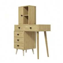 Modern Dressing Table With Mirror And Storage Space; The Mirror Is Retractable. It Features 5 Drawers, A Side Cabinet, And A Beige Upholstered Stool (With A Natural Wood Look). - 卡其色 - 查看 4
