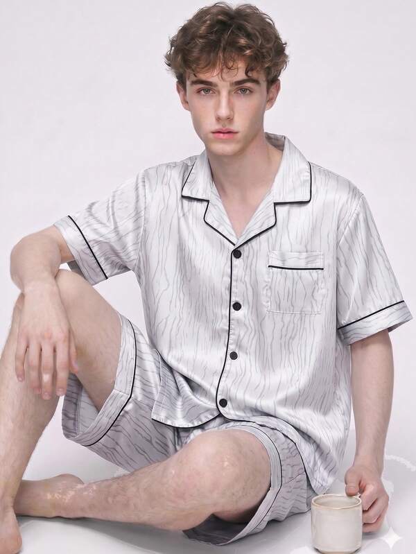 2pcs/Set Men's Summer Short Sleeve & Shorts Satin Pajamas, Casual Comfortable Sleepwear, Fashionable Lapel Home Wear Set