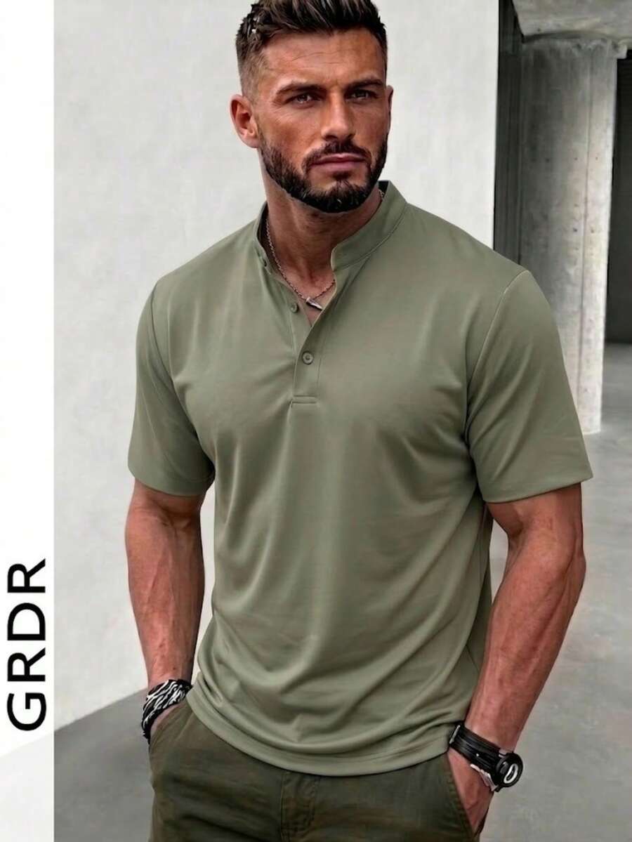GRDR 男士夏季輕量涼感聚酯纖維時尚經典純色亨利領短袖上衣,休閒風格必備單品,夏季櫥窗展示必備 - 橄欖綠 - 查看 1