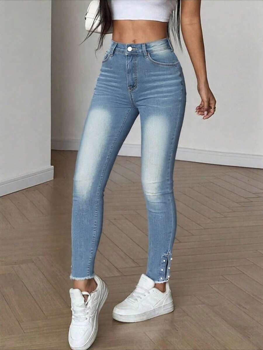 Women's Casual Slim Fit Jeans, Button And Zipper Fly, Pearl Decorated Frayed Hem, Medium Stretch Light Wash Denim, Create Cute Daily Look - Medium Wash - View 1