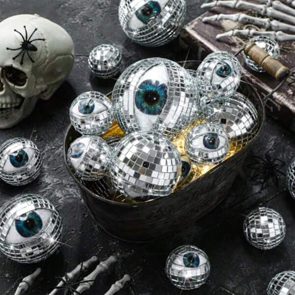 10pcs/Set Disco Eyeballs Halloween Disco Ball Decor Silver Foam Glitter Eye Ball Spooky Halloween Decorations For Decorating Decor Table Centerpiece Party Supplies, 3 Sizes