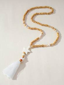Nocturel 1pc Bohemian Vintage Personalized Versatile Turquoise Bead & Tassel Long Necklace, Suitable For Women's Daily Wear, Beach Vacation - White - View 2