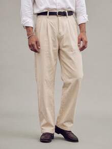 Minimalist Solid Pleated Straight Leg Trousers For Men Relax Fit 100% Cotton Formal Work Slacks With Belt Loops (Pants Do Not Include Belt) - Apricot - View 1