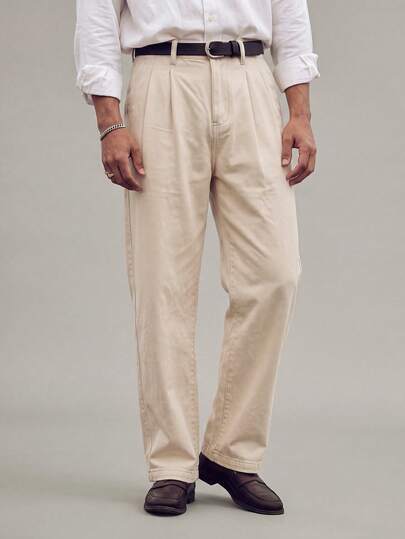 Men's Minimalist Solid Color Pleated Straight Leg Pants, Loose Fit, 100% Cotton, Formal Commuter Trousers With Belt Loops