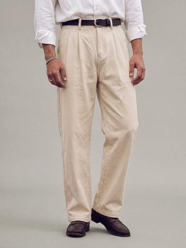 Men's Minimalist Solid Color Pleated Straight Leg Pants, Loose Fit, 100% Cotton, Formal Commuter Trousers With Belt Loops