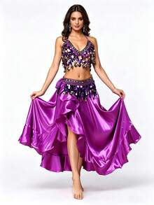 Sequin Spaghetti Strap Collar + Flowing Dance Skirt Inner Layer + Coin Tassel Waist Chain - Belly Dance Performance Festival Decorative Costume - Multicolor - View 2