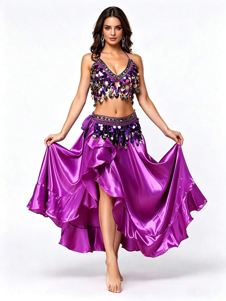 Sequin Spaghetti Strap Collar + Flowing Dance Skirt Inner Layer + Coin Tassel Waist Chain - Belly Dance Performance Festival Decorative Costume