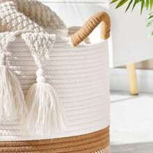 Bohemian Style Dual-Color Cotton Rope Storage Basket With Tassels And Rope Handles, Soft Woven Decorative Laundry Basket, Large Capacity Storage Basket For Blankets, Toys, Clothes, Plants, Housewarming Gift, Baby Shower Gift - Brown - View 4