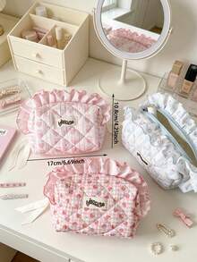 Cute Strawberry Flower Quilted Makeup Bag With Lotus Leaf Edge Zipper Makeup Bag Large Capacity Travel Toilet Bag Multi Functional Storage Bag Pen Bag - Multicolor - View 7