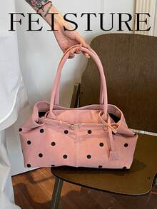 FEISTURE 1件波點大容量女款單肩包，附扣飾裝飾，時尚托特包，適合女孩、女性、大學生、職場新人與白領上班族，完美適用於工作、商務、通勤、上學 - 粉色 - 查看 6