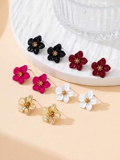 5 Pairs Exquisite Small Dopamine Color Vacation Style Flower Shaped Stud Earrings For Women, Suitable For Daily Wear/Dating/Vacation Travel/Birthday Gift For Girlfriend