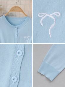 Autumn/Winter Korean Sweet Casual Style Bow Embroidery Knit Cardigan Women, Blue Preppy Style Cropped Top, Style Fall - Blue - View 10
