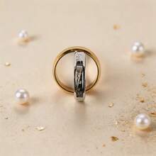 1pc Minimalist Wave Cherry Blossom Engraved Couple Rings, Waterproof Hypoallergenic Stainless Steel Pair Rings, Silver & Gold Dual-Color Cherry Blossom Wedding Rings, Romantic Valentine's Day Engagement Anniversary Gift, Suitable For Men And Women - Multicolor - View 4
