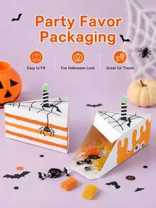 2 Peças Caixas de Lembrancinhas de Fatias de Bolo com Teia de Aranha Assustadora de Halloween, Caixas de Embalagem de Presente de Doces com Impressão de Vela de Morcego de Desenho Animado para Decoração de Lembrancinhas de Festa de Feriado (Caixas Reutilizáveis) - Multicolorido - Visão 4