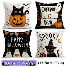 4pcs Black Cat Ghost Halloween Text Pattern Single-Sided Printed Pillow Covers/Cushion Covers, Multi-Scene Atmosphere Decorative Pillow Covers Suitable For Living Room, Sofa, Bedroom, Pillow Inserts Not Included - Multicolor - View 12