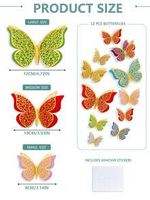 12/24/48pcs Gold Butterfly Wall Stickers, 3 Sizes, 3D Butterfly Pattern, Gold Butterfly, Wedding Decoration, Birthday Party, Girls Bedroom Decor. Colorful Decorative Butterfly Stickers With Adhesive Backing, Bedroom, Living Room, Window - Multicolor - View 7