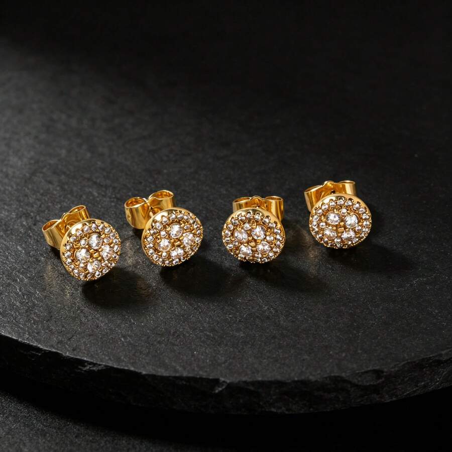 2 Pairs Elegant 22K Gold Plated Copper With Zirconia Clover Earring Set For Women Daily Party Wear, Exquisite Gift - Gold - View 1