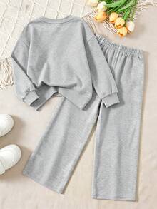 Fashionable Youth Girl Creative Print Sweatshirt, Casual Crew Neck Sweatshirt Paired With Versatile Loose Wide Leg Pants, 2-Piece Set For Autumn/Winter Daily Wear - Grey - View 2