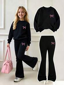 Girls' Simple Fashion Cartoon Print Black Top And Black Pants Sports Set, Autumn/Winter - Black - View 5