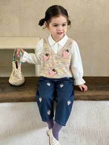2pcs/Set Toddler Girls Fashion Cute Design 2 In 1 Patchwork Shirt Collar Long Sleeve Sweatshirt Top And Strawberry Print Blue Denim Straight Leg Pants Outfit - Pink - View 1