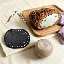 2pcs Set 8.5cm Half-Circle Silver Perforated Metal Frame + 14.5cm Oval PU Studded Bag Bottom, Handmade Crochet Coin Purse DIY Accessories, Knitting Craft Beginner Small Bag Supplies - Multicolor - View 5