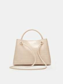 Stone Texture Shoulder Handbag With Metal Rope Buckle, Niche Design Large Capacity Crossbody Bag - Beige - View 6