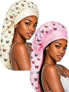 CONFLASS 2pcs Satin Butterfly Print Long Sleep Cap, Luxury Satin Silk Sleep Cap With Adjustable Drawstring, Comfortable Fit, Christmas Gift Hair Sleep Cap Sleep Bonnet - Multicolor - View 20