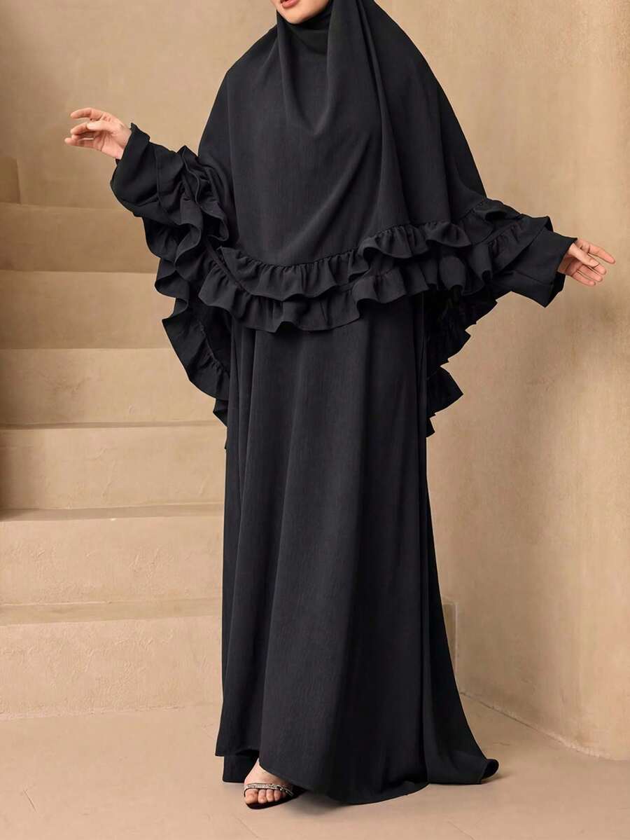 時尚百搭純色連帽蕾絲冰絲皺褶長款罩衫 2 件組 女款優雅柔軟 Abaya 外罩袍 + 連帽蕾絲披肩套裝 防曬穆斯林服飾披肩 - 黑色 - 查看 1