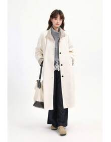 Premium Navy Plaid Patchwork Long Trench Coat Jacket With Pockets, Long Sleeves, For Evening Date, College, Daily Wear, Spring And Autumn - White - View 2