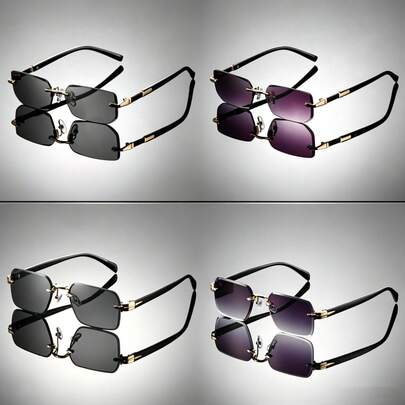 Men's Rimless Rectangular Fashion Glasses Multi-Pack, Lightweight Gold-Plated Decorative Glasses, Suitable For Daily Wear, Driving, Street Style, Vacation Outfits