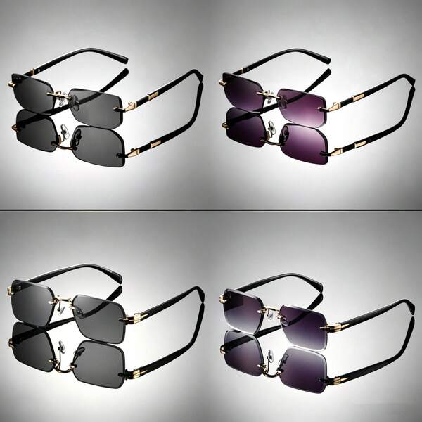 Men's Rimless Rectangular Fashion Glasses Multi-Pack, Lightweight Gold-Plated Decorative Glasses, Suitable For Daily Wear, Driving, Street Style, Vacation Outfits