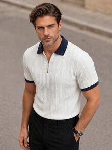 Camisa polo de media cremallera con textura jacquard y contraste de color para hombre, estilo casual minimalista urbano maduro de caballero británico - Blanco - Ver 1