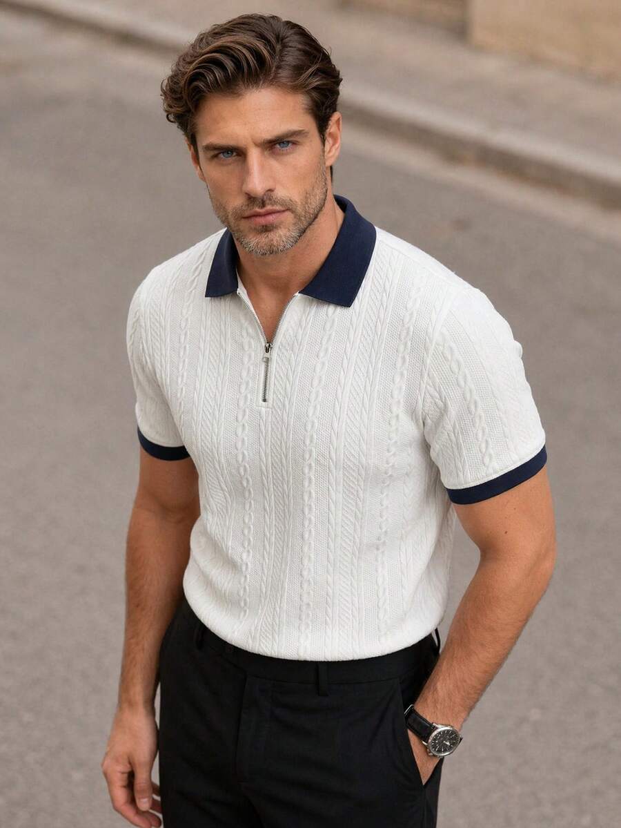 Camisa polo de media cremallera con textura jacquard y contraste de color para hombre, estilo casual minimalista urbano maduro de caballero británico - Blanco - Ver 1