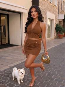 Elegant Halter Neck Ruched Button Bodycon Two Pieces Set For Women, Casual Sexy Fall Outfit With Slight Stretch Fabric - Brown - View 6