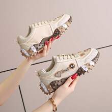 Women's Thick Sole Rhinestone Chunky Sneakers, Spring/Autumn New Style, Full Rhinestone Decor, Breathable Heavy-Duty Street Style Mesh Inlaid Rhinestone Niche Design Height-Increasing Fashion Sports Casual Shoes - Khaki - View 3