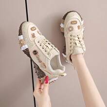 Women's Thick Sole Rhinestone Chunky Sneakers, Spring/Autumn New Style, Full Rhinestone Decor, Breathable Heavy-Duty Street Style Mesh Inlaid Rhinestone Niche Design Height-Increasing Fashion Sports Casual Shoes - Khaki - View 1
