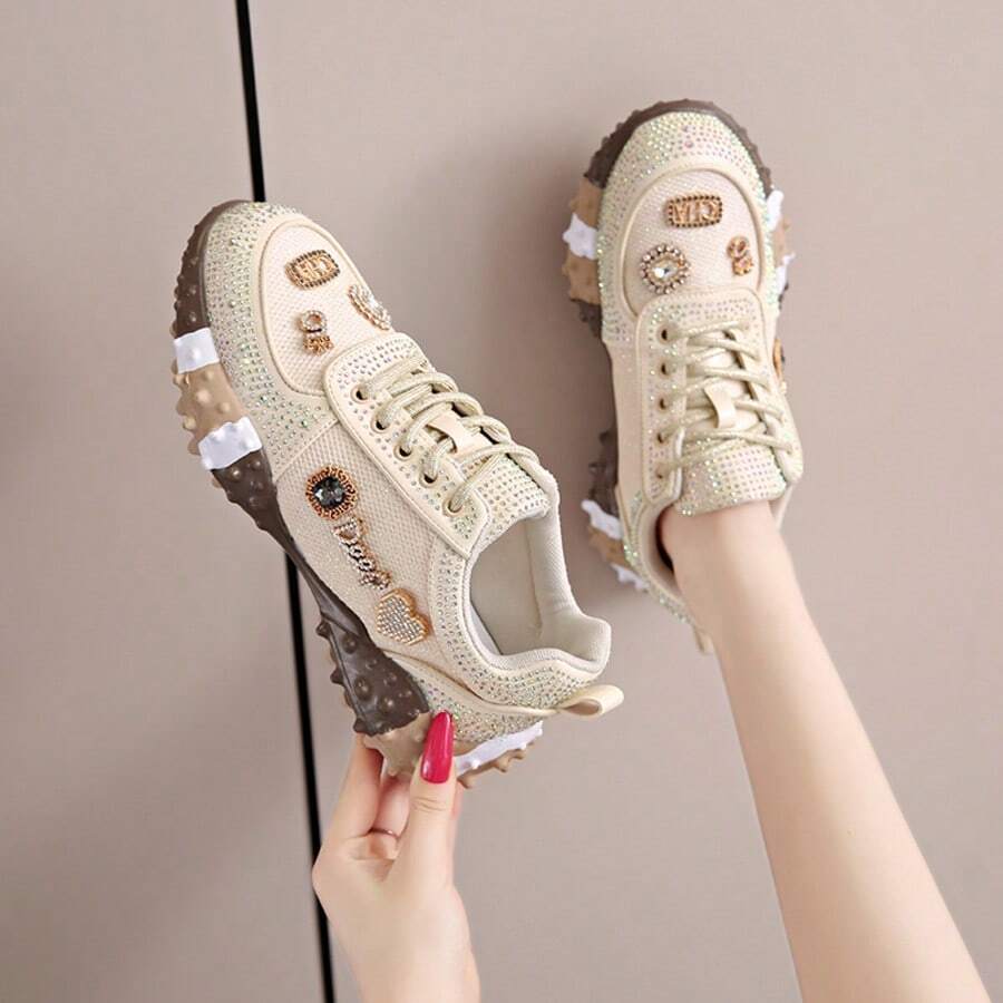 Women's Thick Sole Rhinestone Chunky Sneakers, Spring/Autumn New Style, Full Rhinestone Decor, Breathable Heavy-Duty Street Style Mesh Inlaid Rhinestone Niche Design Height-Increasing Fashion Sports Casual Shoes - Khaki - View 1