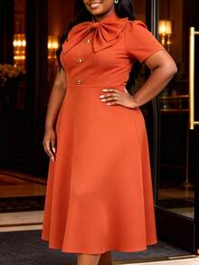 Plus Size Orange Bow Front Midi Dress Women Puff Short Sleeves Button Decoration A Line Elegant Vintage Church Vacation Summer Wedding Guest Dresses - Red - View 3