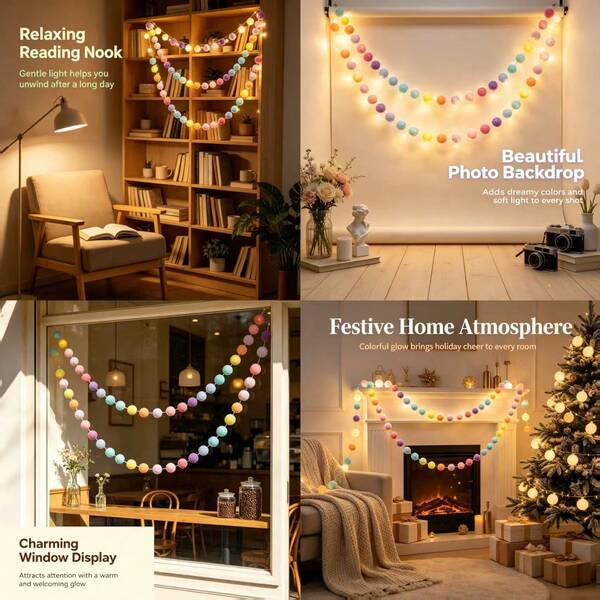 1pc Colorful Pom Pom Garland, Macaron Color Pom Pom String, Suitable For Party Photography, Christmas Holiday Party Decoration And Wedding Backdrop Hanging Decor