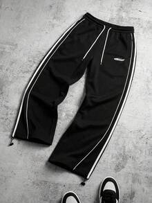 MAISONFOX Celana Jogger Pria Garis Samping Hitam, Tali Serut yang Dapat Diatur di Bagian Bawah, Potongan Lebar, Celana Streetwear 2-in-1 Gaya Parasut - Hitam - View 4